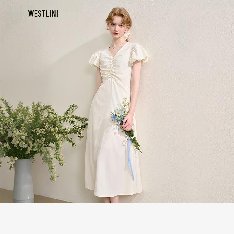 

French Romantic Flutter Sleeve V-Neck Long Dress L