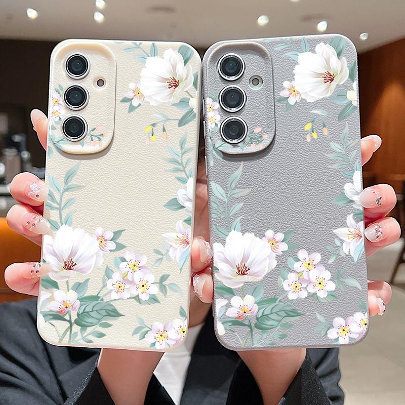 Simple Floral Pattern Shockproof Soft Case For Samsung S25 Ultra S24 FE S23 S22 A56 A16 A36 A15 A55 A35 A54 Leather Texture TPU Matte Slim Phone Cover