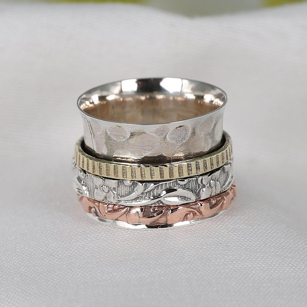 Anello Rotante Pietra di Luna, Anello a Fascia Tre Toni, Gioielli Pietra di Nascita, Anello per Ansia