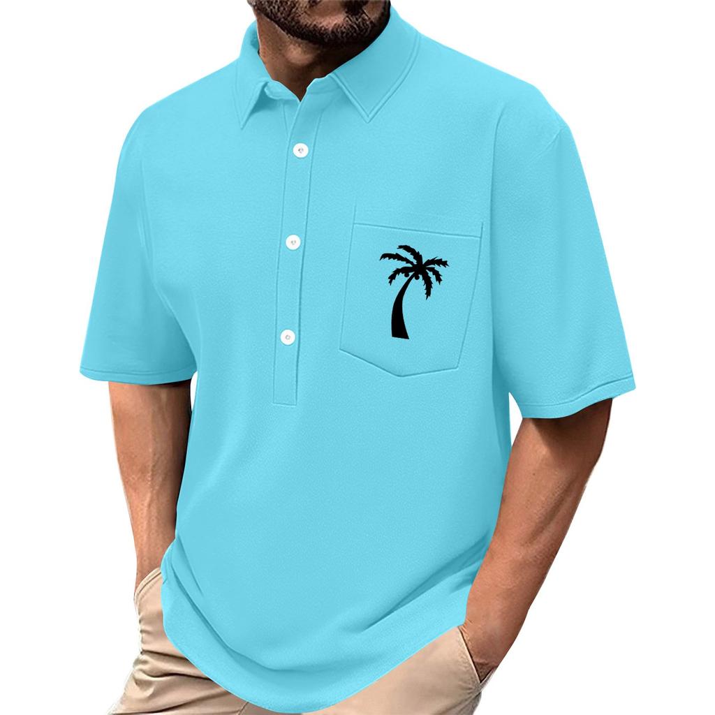 Men's Summer Solid Color Print Four-sided Stretch Lapel Button Pocket Shirt Casual Sports Short-sleeved Top