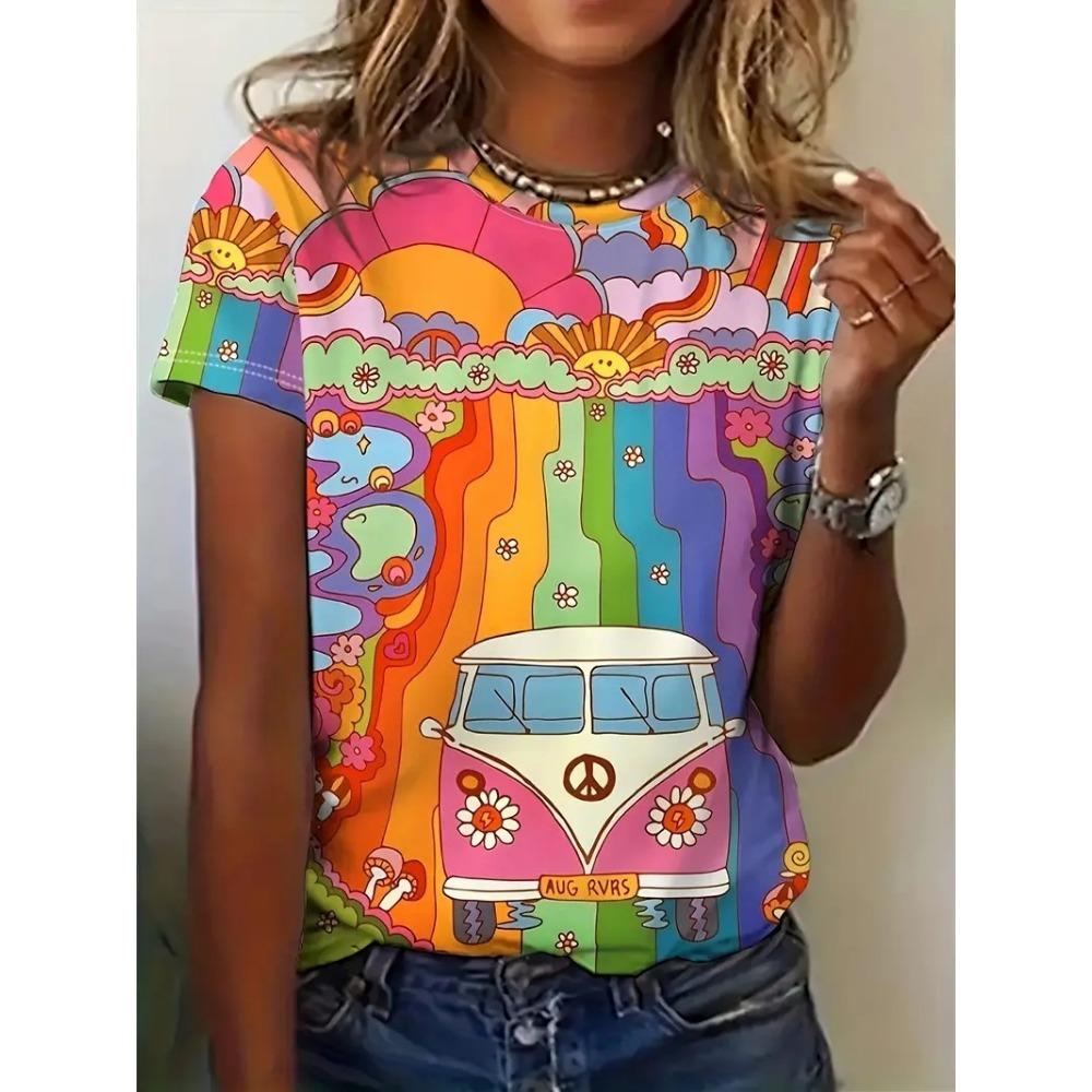 2026 Neues Damen-T-Shirt Cartoon-Auto-Print Hippie-Bus Oberteile Damen Trendige Kleidung Mode Kurzarmhemd Lustige T-Shirts M