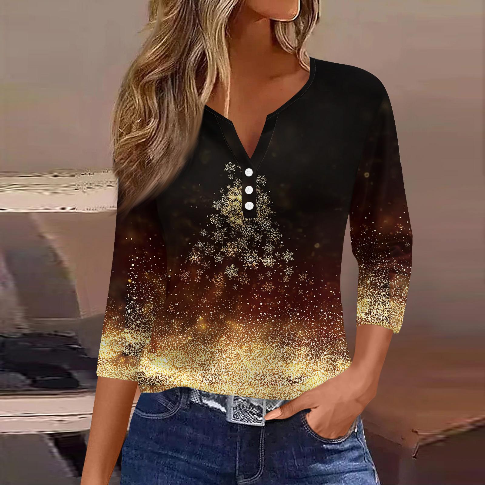 

Женский повседневный модный топ с V-образным вырезом, свободного кроя, универсальный, с рождественским принтом, рукав три четверти S золотой