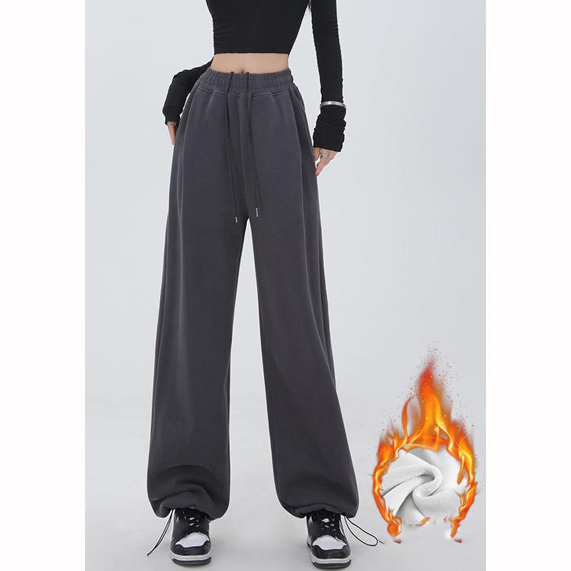 Thickened Lamb Fur Fleece Women's Autumn Winter Casual Trousers Wide Leg Pants Sporty Style Plus Size Long Trousers