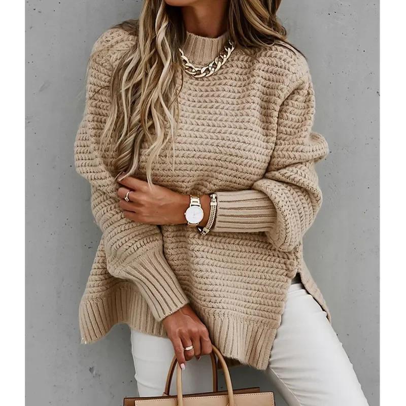 Knit Sweaters Women Half High Collar Full Sleeve Thick Splice Jumpers Solid Casual Split Pullovers Office Lady Elegant