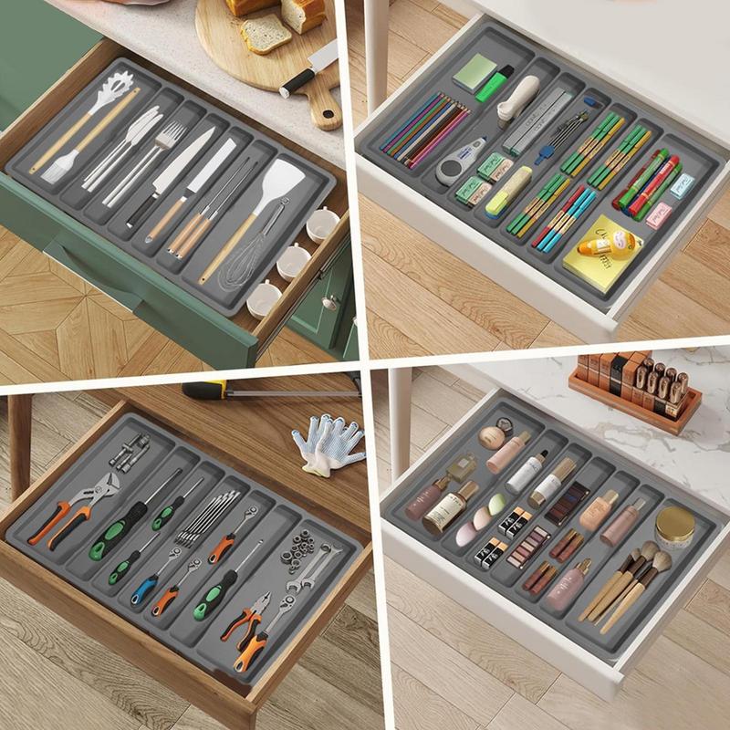 Cooking Utensil Drawer Organizer Multifunctional Silicone Cooking Utensil Rack 7-Compartment Gray Storage Box Drawer