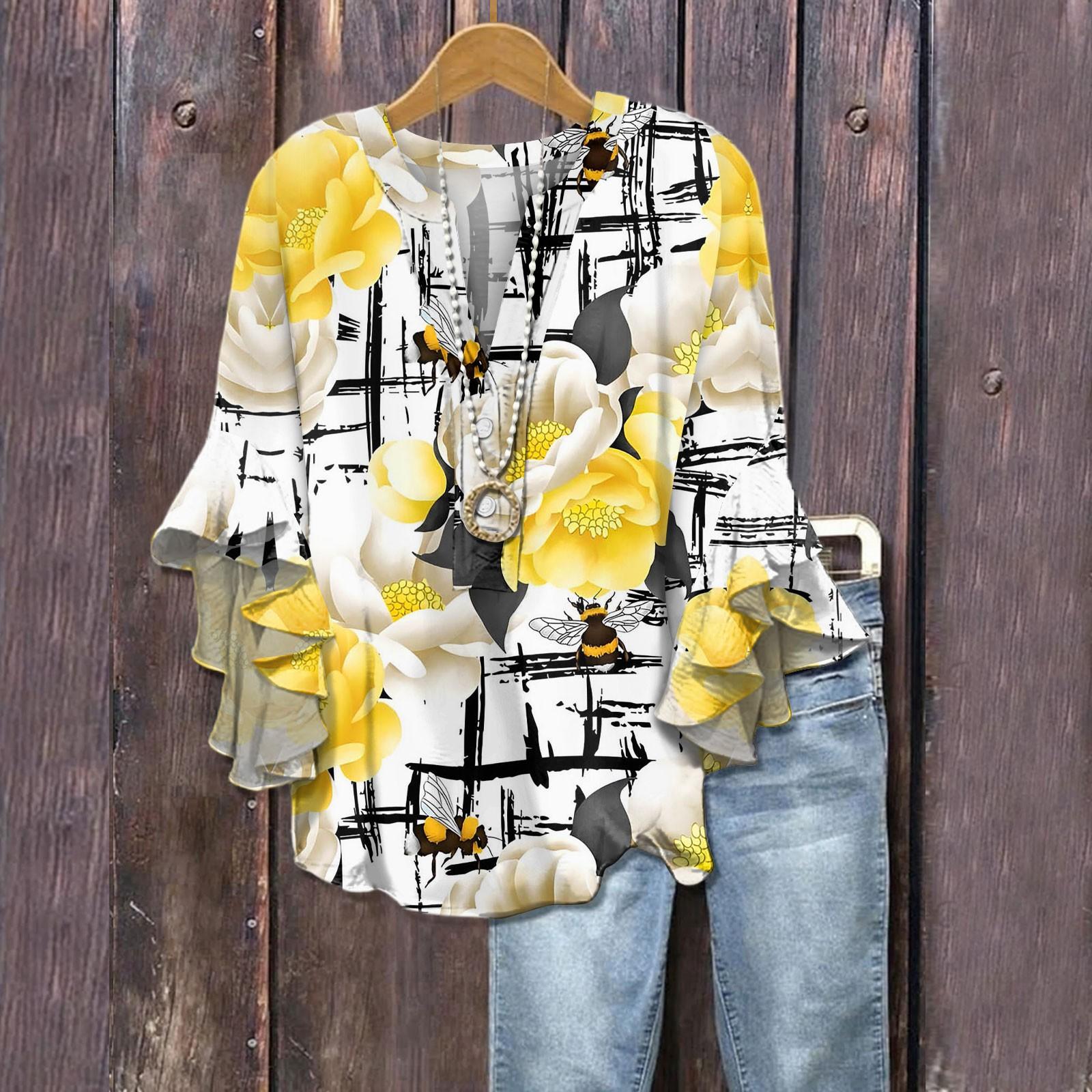 

Летние топы для женщин, симпатичные блузки с V-образным вырезом и рукавом 3/4, повседневные рубашки с цветочным принтом XXL жёлтый
