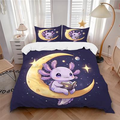 3er Set Niedliches Cartoon Lila Axolotl Aufdruck Bettdecken-Set Weiche und Bequeme Bettdeckenbezüge für Schlafzimmer und Wohnheim Dekoratives Bettwäsche-Set.L025