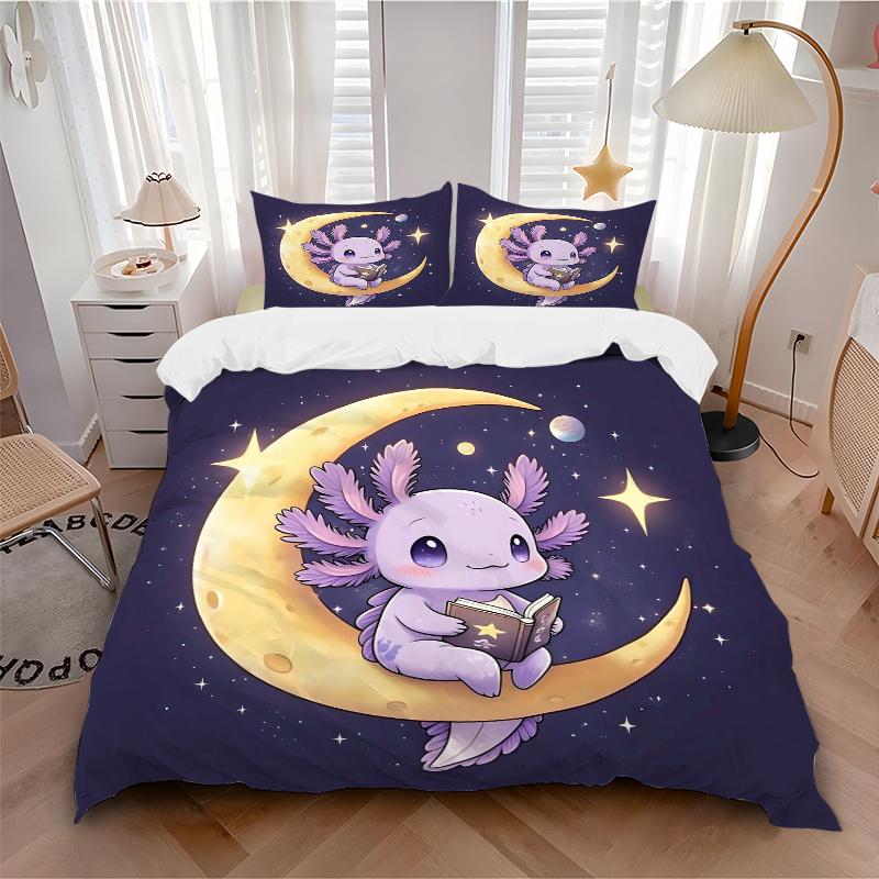 3pcs Cute Cartoon Purple Axolotl Printed Quilt Set - Soft and Comfortable Quilt Cover for Bedroom, Guest Room and Dormitory Decorative Beddi