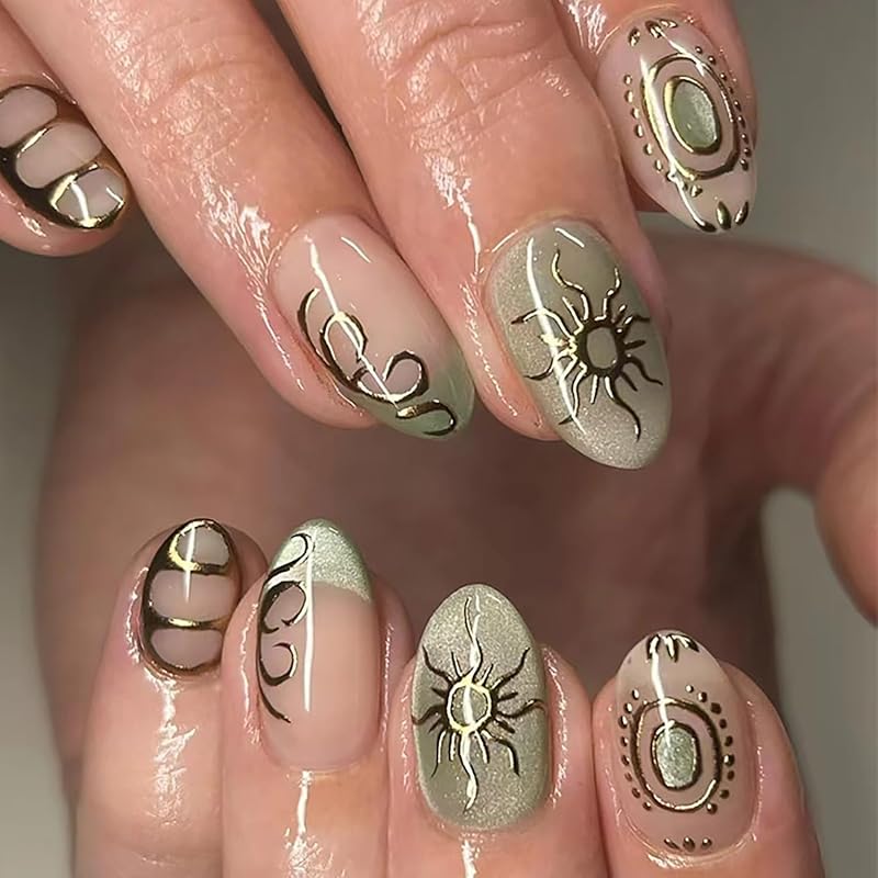 24Pcs Flower Press on Nails Green Fake Nails Medium Almond Shaped Pearl with Gold Beads Design 5D Spring Floral Glue on Nails Artificial White French