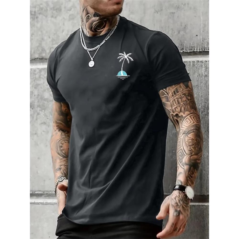 Men's Summer Casual Loose Size 100% Cotton Coconut trees Print Round Neck Short Sleeve T-shirt Top