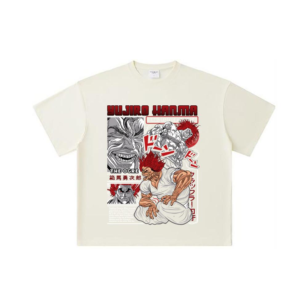 260 GSM Double Yarn 32 Count 100% Cotton Baki V1 Yujiro Print Unisex Heavy Cotton T Shirt