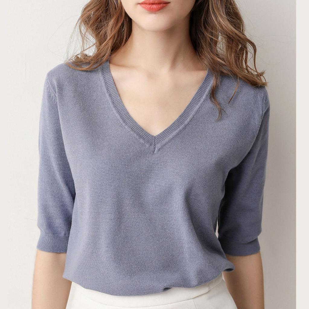 Fashion Women's Knitted V-neck Sweater Loose Bottoming Shirt T-shirt