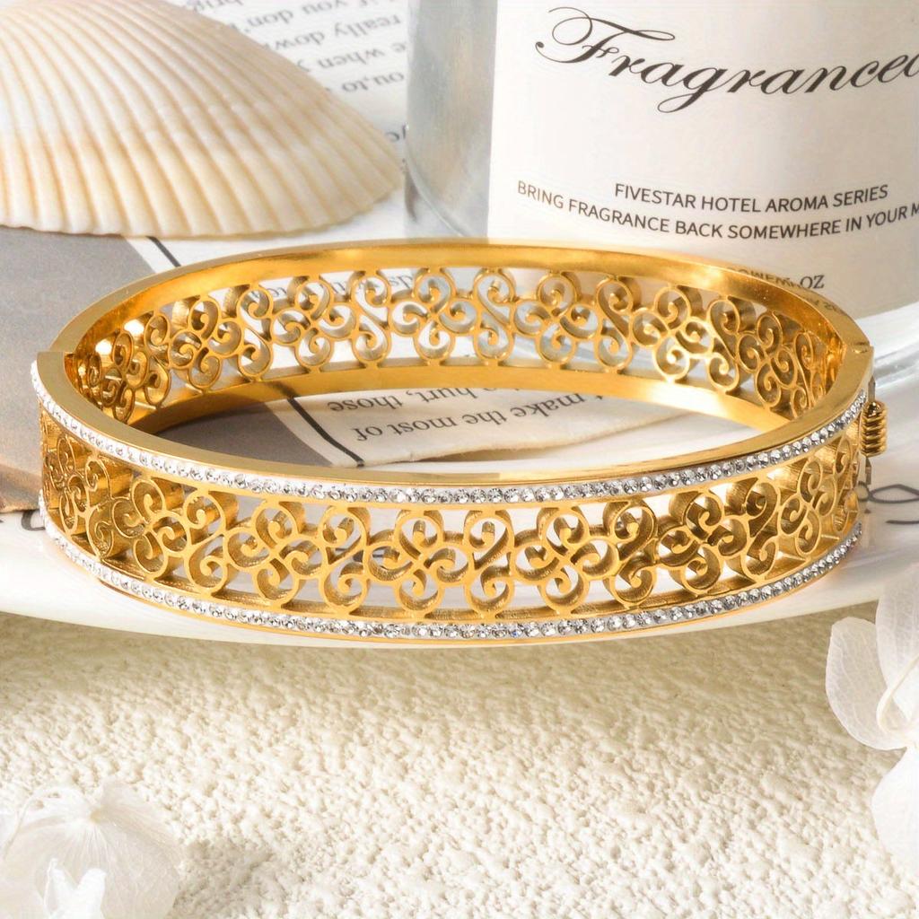 1pc Middle Eastern style new court-style stainless steel bracelet with full diamond hollow flower design, suitable for men and women, versatile for
