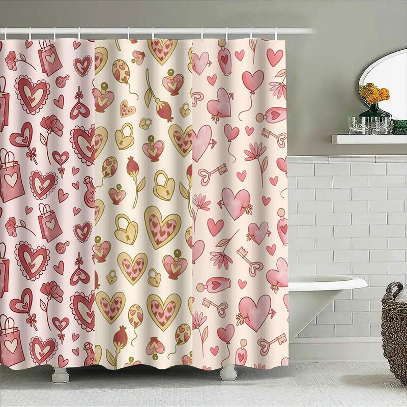 Love-Themed Shower Curtain With Heart Designs Waterproof Fabric Bathroom Decor For Couples Gift Ideas In Pink And Gold Colors!