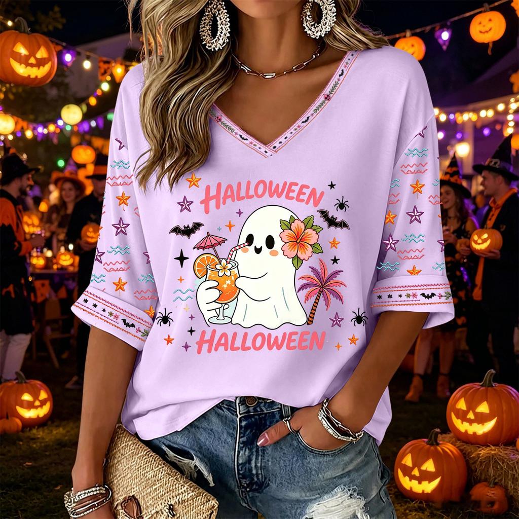 Women's V-Neck Three-Quarter Sleeve Halloween Print Blouse for Costume Party Seasonal Wear