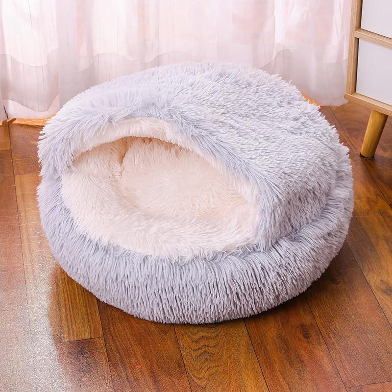 Cat Bed Round Plush Fluffy Hooded Cozy Cat Bed Cave for Indoor Donut Self Warming Small Dog Bed Anti-anxiety Puppy Kennel
