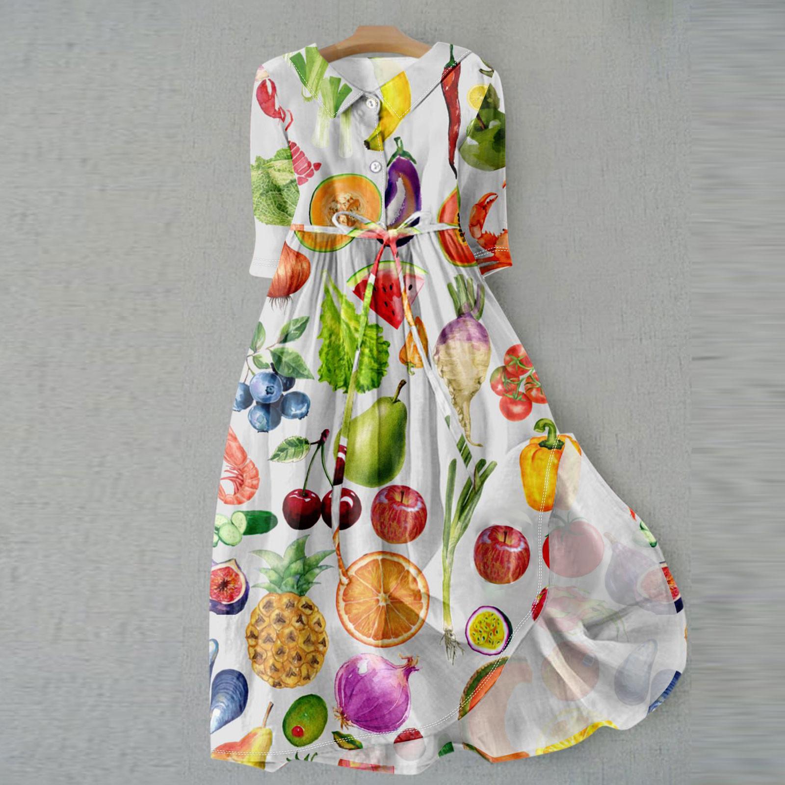 Women s Fashion Printed Flip Collar Button Up 3/4 Sleeve Strap Dress XL