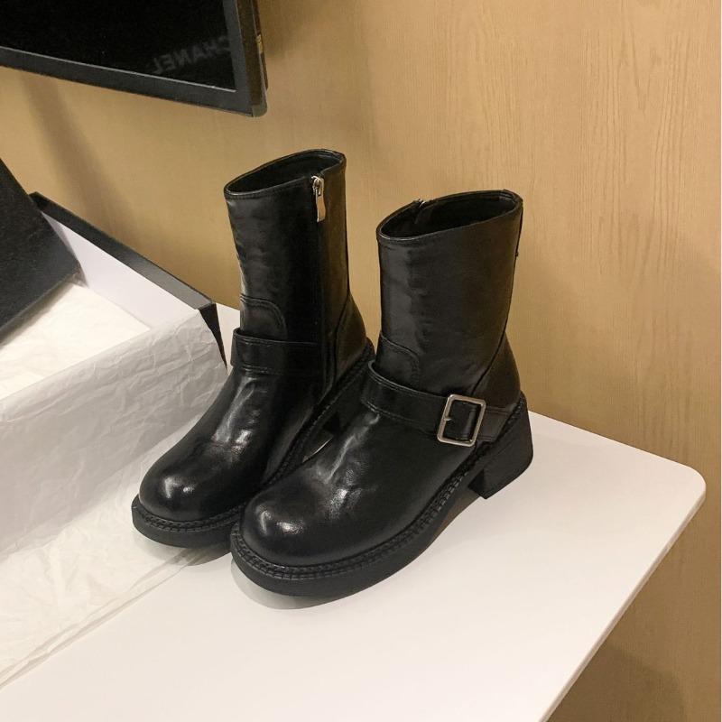 Versatile washed cowhide platform short boots women's autumn and winter new thick heel Martin boots side zipper thin boots