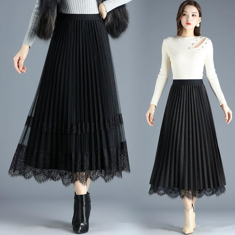 Сетчатая юбка Женская одежда Газовая юбка с обеих сторон, Плиссированная юбка, Кружевная длинная юбка, Большая юбка, Универсальная элегантная плиссированная юбка onesize чёрный