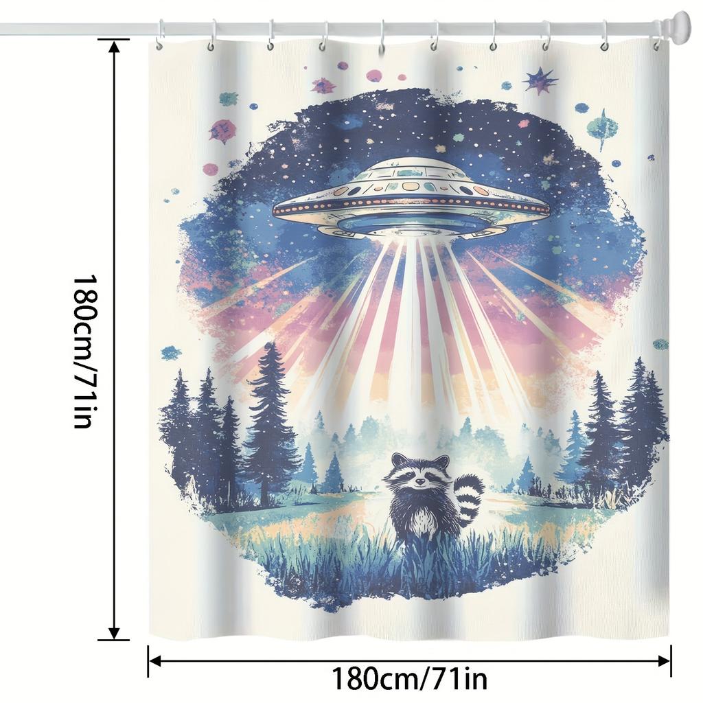 Retro Sci-Fi Ufo & Raccoon Shower Curtain - Whimsical Space Theme, Digital Print, Includes Hooks, Machine Washable