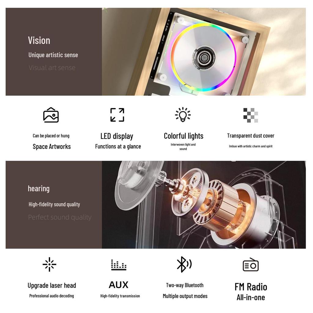 Reproductor de CD Bluetooth de Acrílico Transparente Montado en Pared con Marco de Fotos y Ventosa Magnética