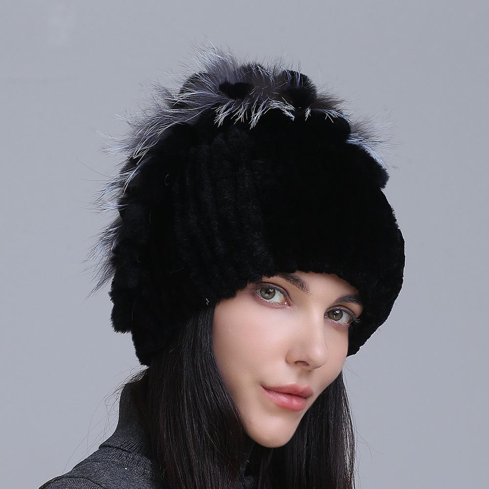 Winter Women's Warm Fashion Thick Wool Hat Rex Rabbit Fur Hat Knitted with Side Flower Hat
