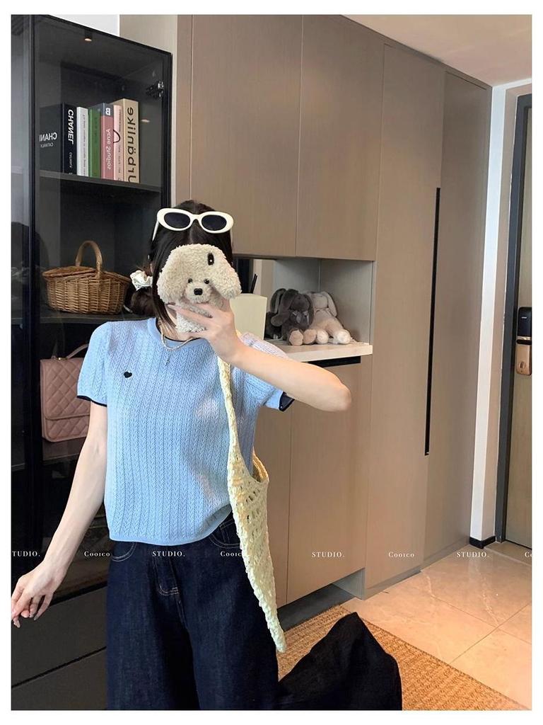 Chic Color Block Crew Neck Short Sleeve Knitted T-Shirt for Women - Preppy Style Summer 2025