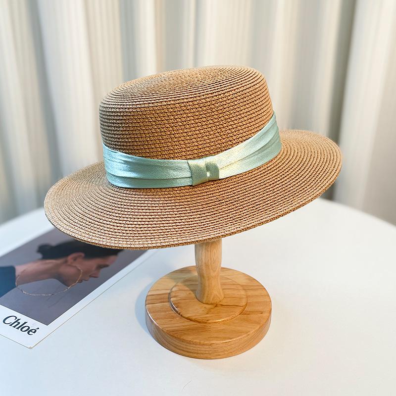Bow Jazz Straw Hat Women's Summer Outing Seaside UV Protection Sun Hat Versatile Flat Top Hat