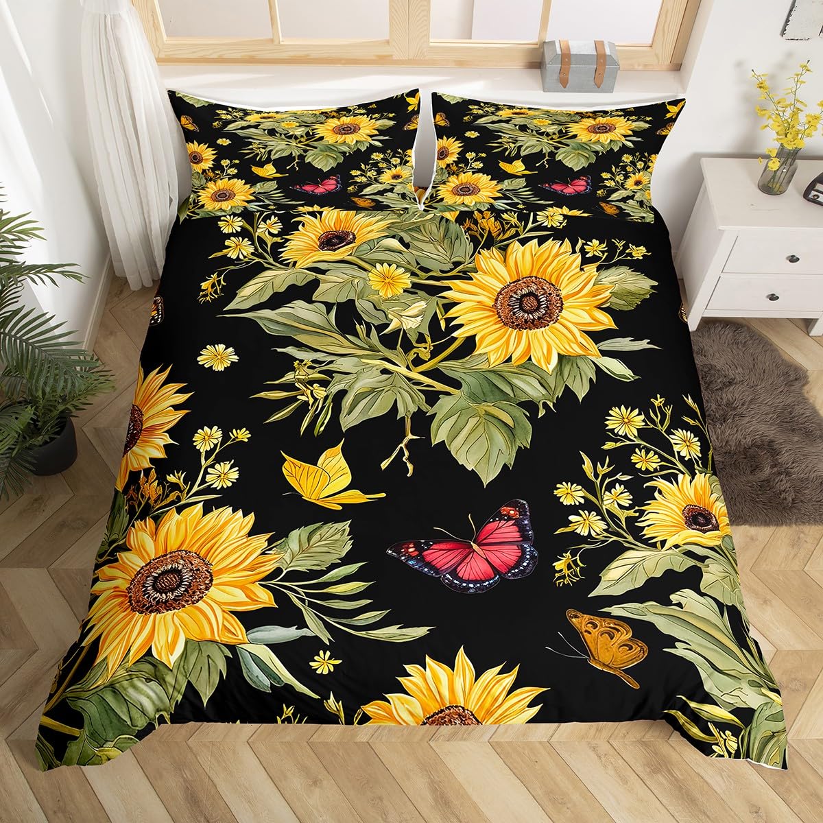 

Sunflower Duvet Cover Twin Queen Yellow Flowers Bedding Set Botanical Floral Quilt Cover Garden Bloom Bedding with 2 Pillowcase EU Single(135x200cm)