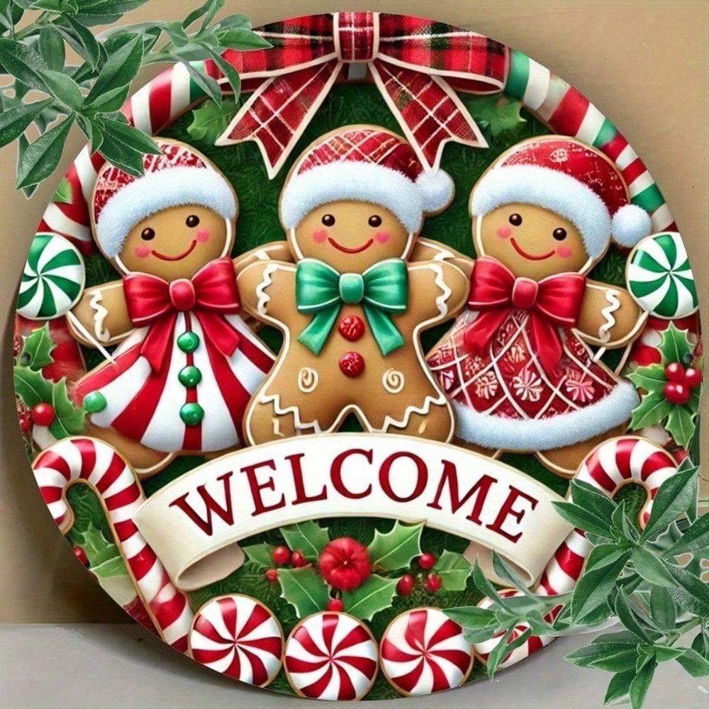 Festive Gingerbread Man Metal Wall Art, Christmas Round Sign for Home Kitchen Porch Decoration, 2D Flat Holiday Gingerbread Cookie Decor