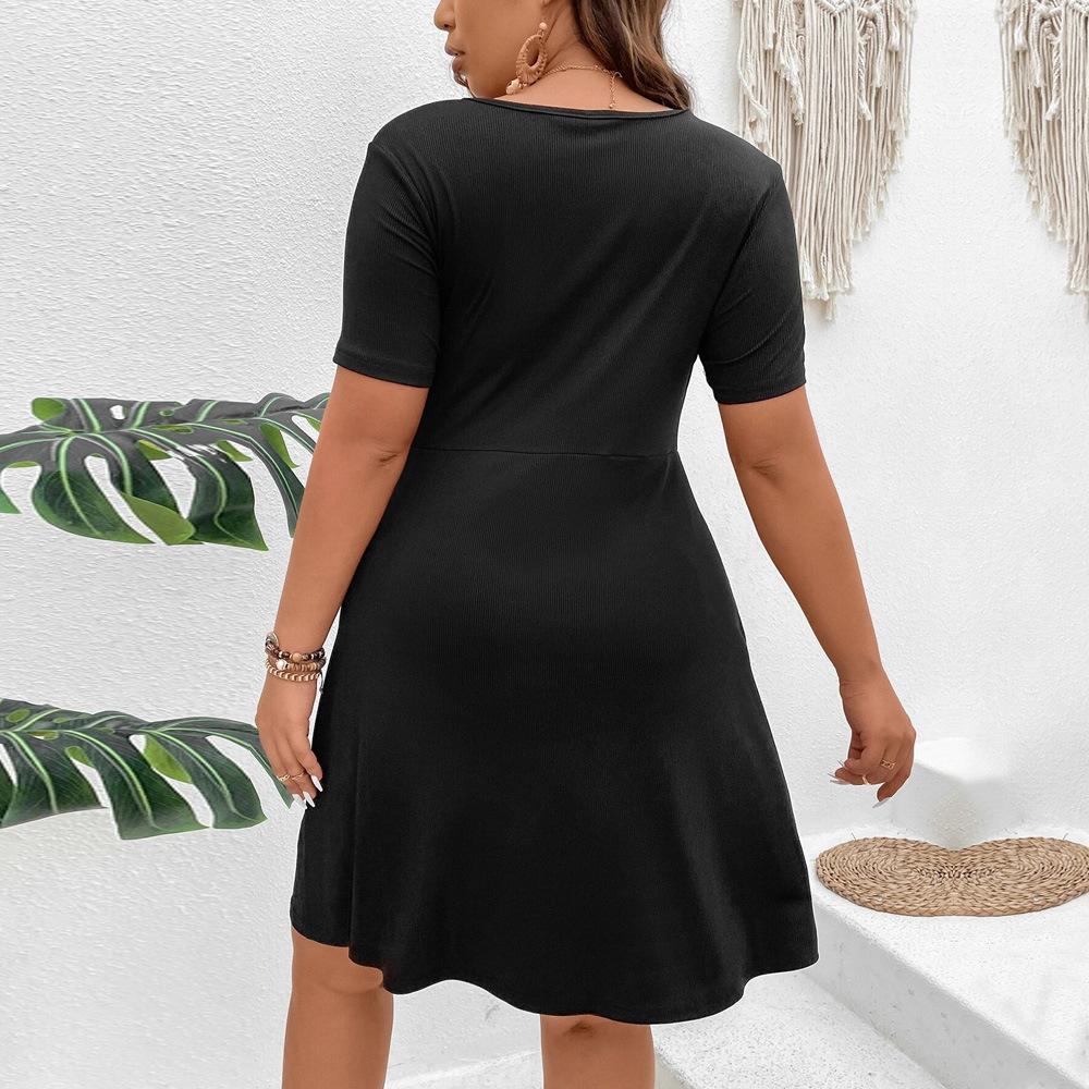 Plus Size V-neck Waisted A-line Skirt Twisted Knit Solid Colour Short Skirt T-shirt Dress Dress Dress