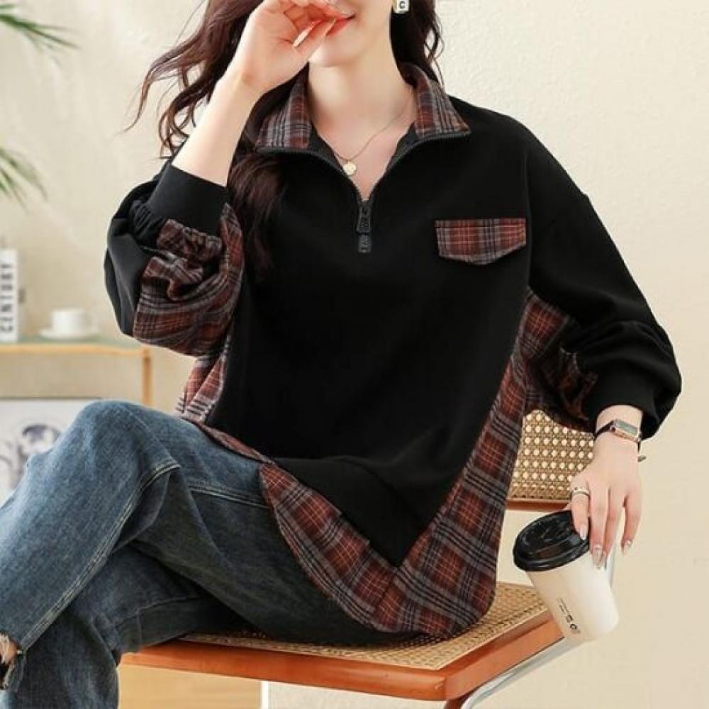 Navava Women Check PaTchwork Long Sleeve Half Zip T shirT nT2167