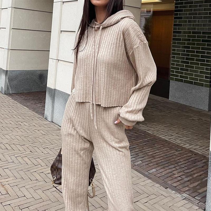 Women Autumn Winter Solid Color Loose Knitted Sweatshirt Suit Casual Long Sleeved Striped Hoodie Long Straight Leg Pants Two-piece Set