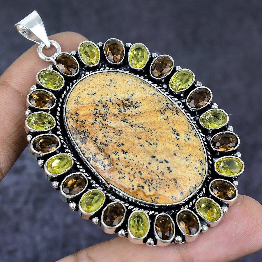 Naturalny Jasper Obrazkowy, Cytryn Srebro Sterling 925 Wisiorek Biżuteria 2,96" ETC-13798