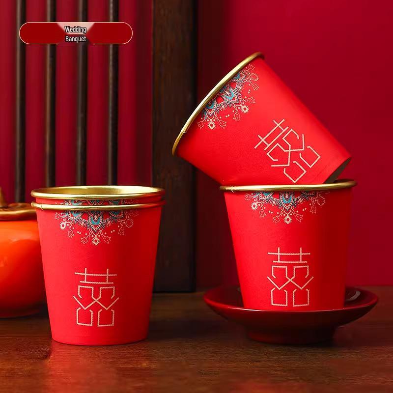 Red and Gold Foil Wedding Anniversary Disposable Cups - Thickened Engagement Tea or Water Cups