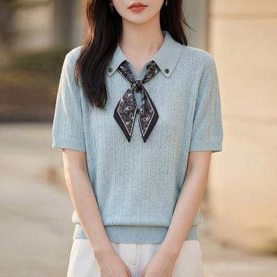 New Short-sleeved T-shirt, Lightweight and Stylish, Fan Scarf with Bow, Polo Collar, Half Sleeve Knitted Shirt for Women