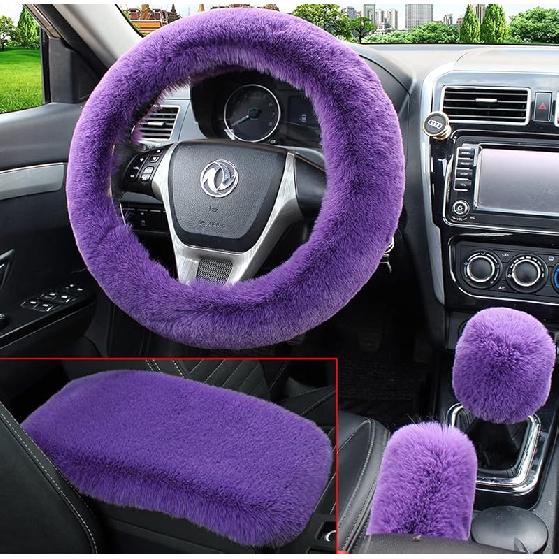 Dotesy 4 Pcs/Set Fluffy Faux Wool Car Steering Wheel Cover & Furry Auto Center Console & Gear Shift Knob & Handbrake Cover Universal Warm Winter