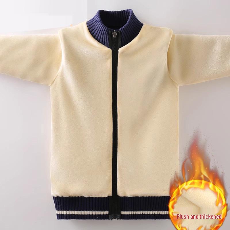 Cardigan zippé en tricot rouge pour garçon: Doublé polaire, Pur coton, Laine épaisse pour l'automne/hiver