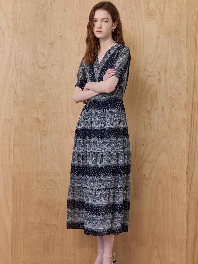 Maja Lace Pattern Smoked Banding V-Neck Long Dress