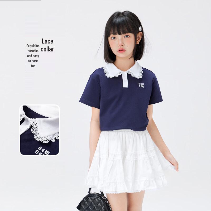 Girls' Lace Trim Colorblock Pique Polo Shirt