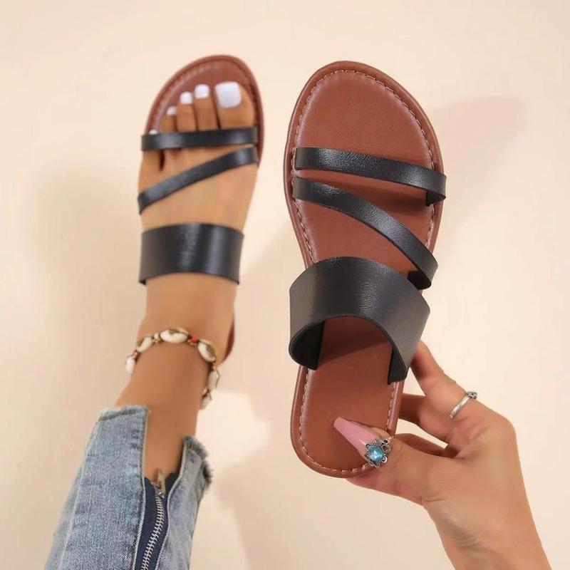 Flat-bottomed Slippers Women's Round-toed One-line Casual Flip-flops Roman Slippers and Home Slippers