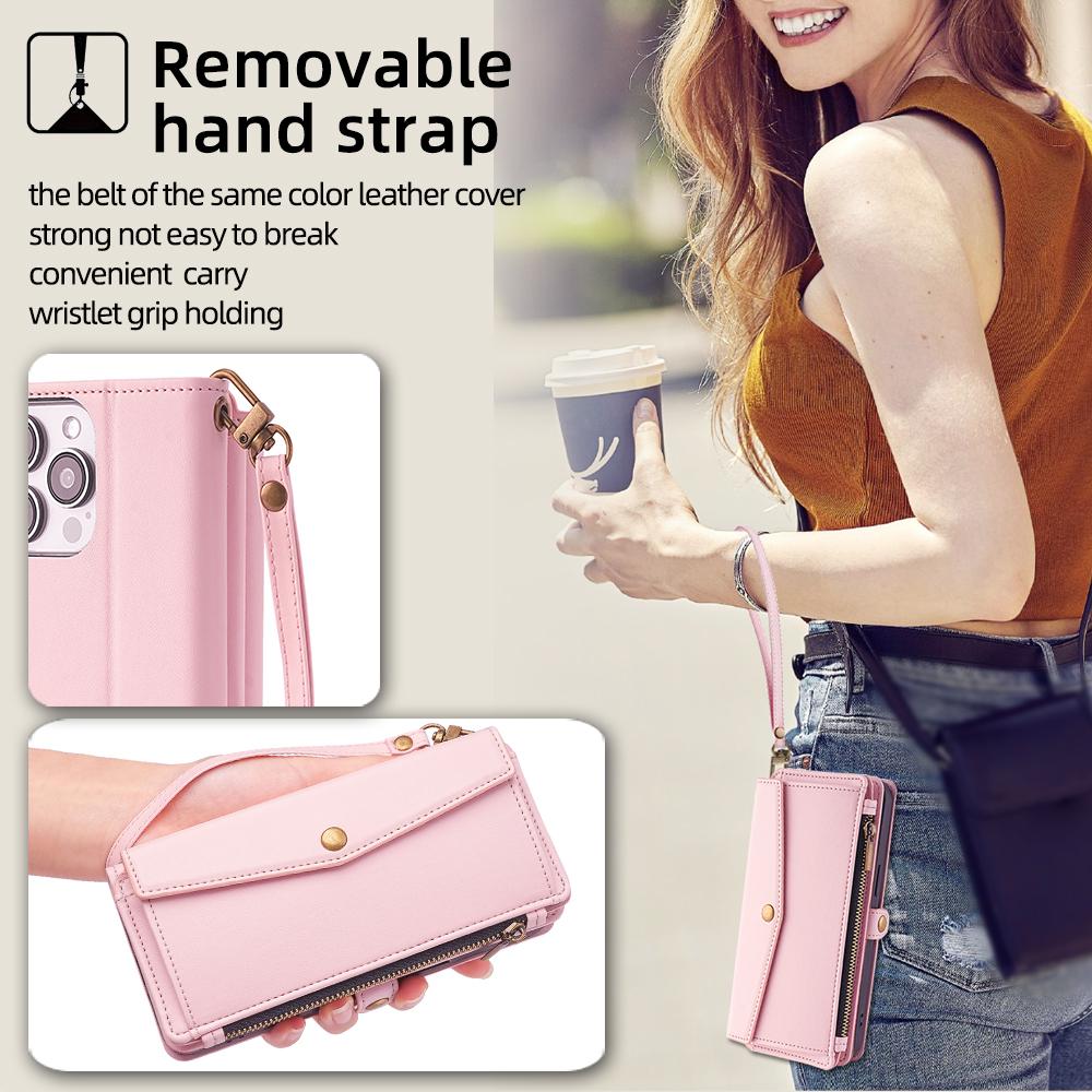 For TCL 505 Case Card Holder Zipper Wallet Folding Stand Leather Phone Cover with 2 Straps