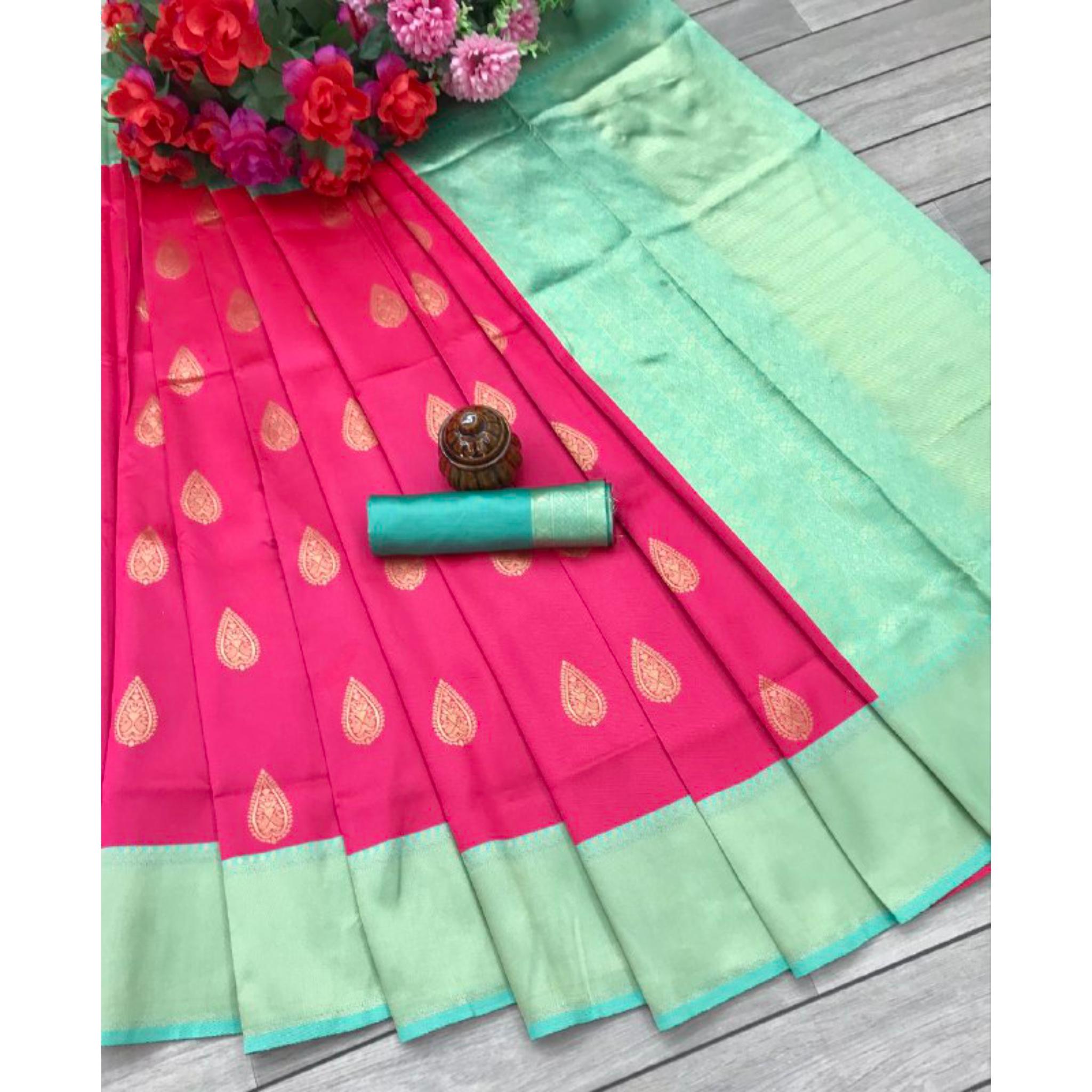 

Индийское традиционное мягкое шелковое сари личи с жаккардовым плетением