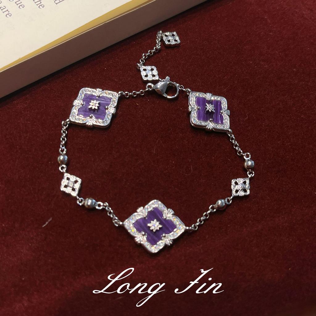 French Retro Four-Leaf Clover Window Grilles, Purple Dragon Crystal Jewelry Set, Necklace, Bracelet, Earrings, And A Ring.