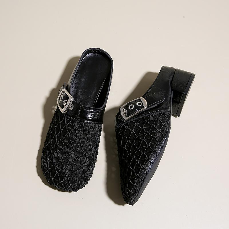 Fashion Fashion Baotou Slippers Summer New Round Head Mesh Cloth Metal Buckle Anti-slip Wear-resistant Heel Shoes
