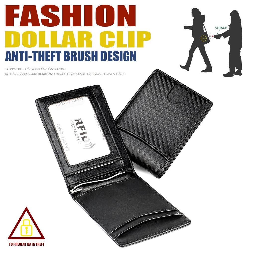 Men's Carbon Fiber Pattern RFID Short Wallet with Front Pocket Dollar Clip