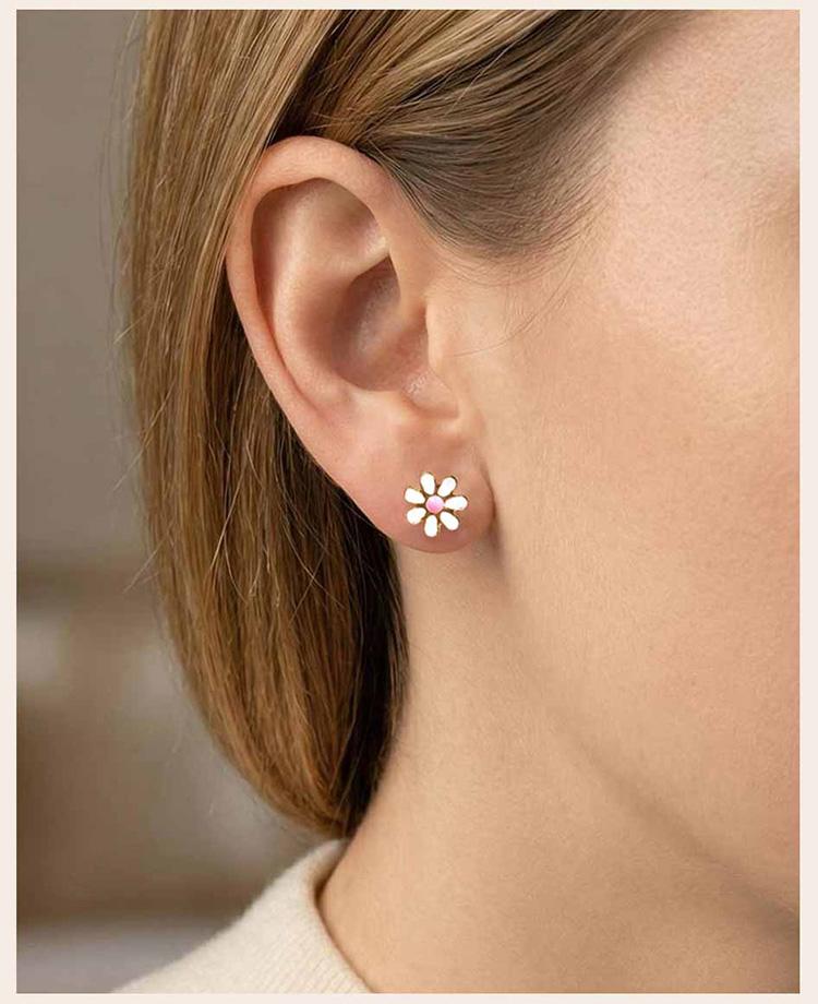 Sunflowers Enameled Small Stud Earrings, Stainless Steel Daisy Earrings For Women, Floral Hypoallergenic Piercing Jewelry