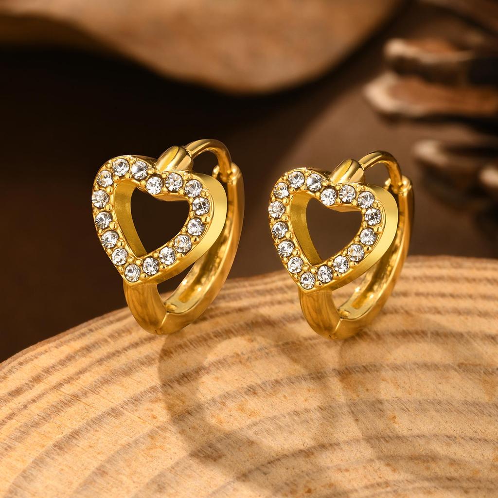 Light Luxury White Zircon Heart-Shaped Earrings for Women,  Stainless Steel Gold Color Classic Hoop Earrings, Fashion Jewelry