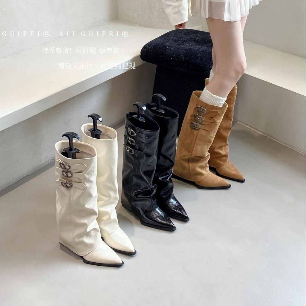 Autumn and winter new pointed toe wedge high boots retro pleated sleeve belt buckle trouser tube boots black apricot