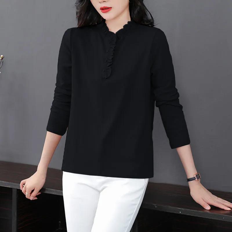 

Жіноча футболка з довгим рукавом Весна 2024 Новий стиль Середнього віку Жіночі вільні топи та низи великих розмірів XS чорний